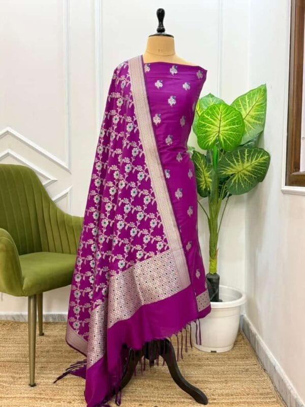 Exclusive Premium Range Katan Banarasi Unstitched Salwar kameez with Dupatta Suit Piece - Image 3